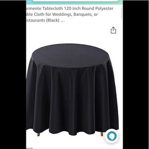 Three 120” round black polyester table cloth. EUC.